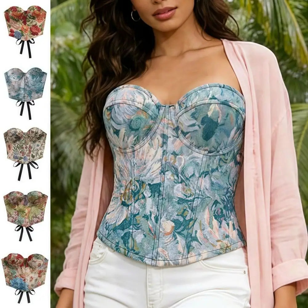 Boned Floral Underwired Corset Off-shoulder Abdominal Shaping Women's Shapewear Multi-Color Jacquard Strapless Corset Top
