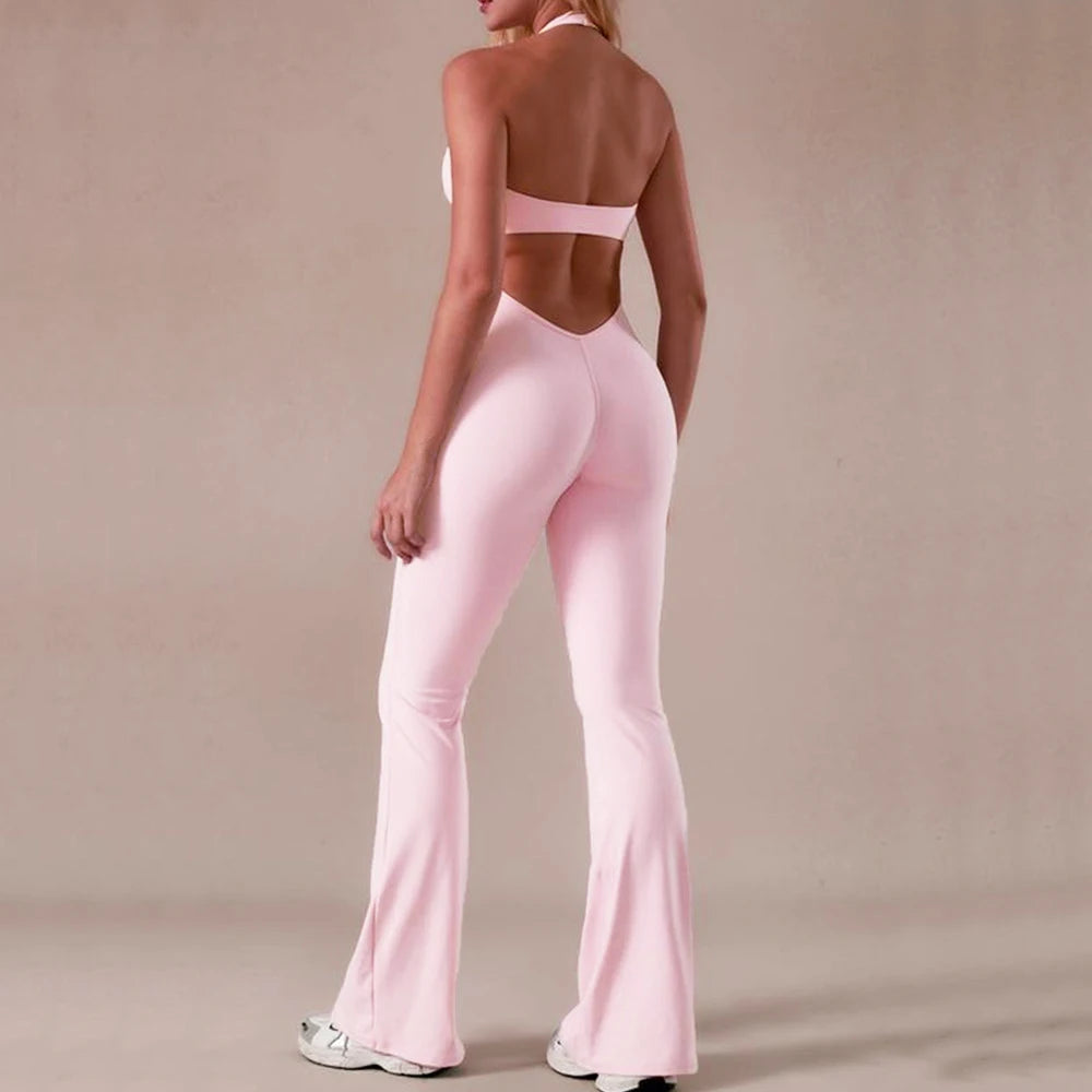 Halter Lace Bodysuit Women Yoga Set Tracksuits Fitness Sports Jumpsuit One-piece Suit Flared Pant Dry Workout Clothes XP11