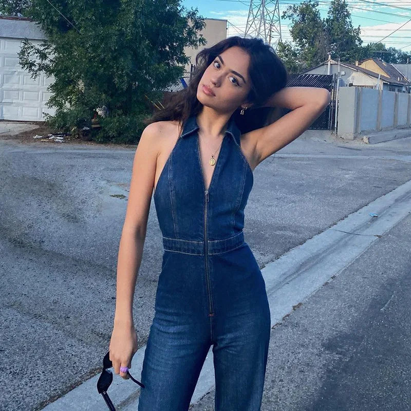 Hugcitar Denim Jumpsuit V Neck Zipper Bell Sleeveless Sexy Outifts Elegant Backpacker  Party Summer 2023