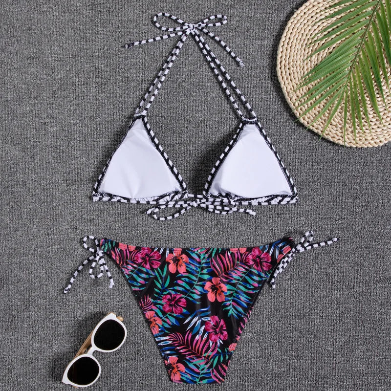 Leaves Print Swimsuit for Women,low Waist Drawstring Bikini,2-piece Swimwear,V-neck Susupender Backless Bathing Suit,beachwear