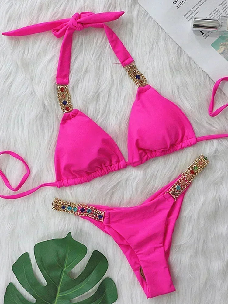 2025 Rhinestone Swimsuit Women Bikinis Crystal Diamond Bikini Set Metal Chain Swimwear female Luxury Aristocratic Swimming Suit