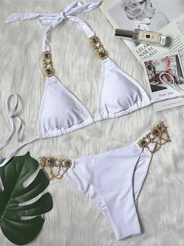 2025 Rhinestone Swimsuit Women Bikinis Crystal Diamond Bikini Set Metal Chain Swimwear female Luxury Aristocratic Swimming Suit