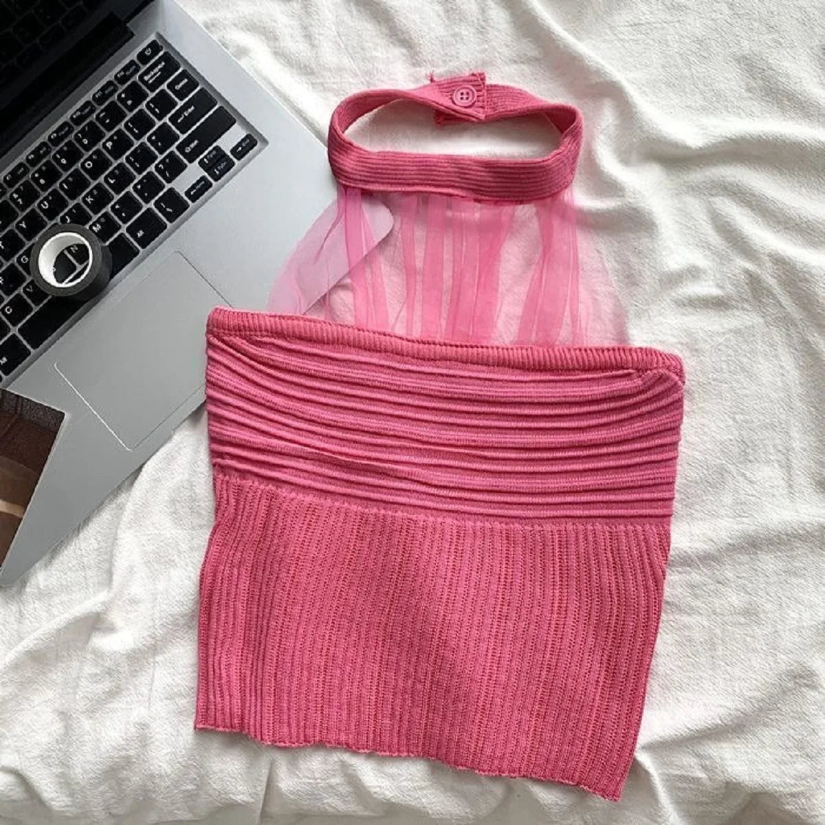 Women Tank Top Mesh Halter Neck Knitted Short Vest Korean Fashion Style Pure Hot Gilr Sexy Knit Girl Pullover Clothing