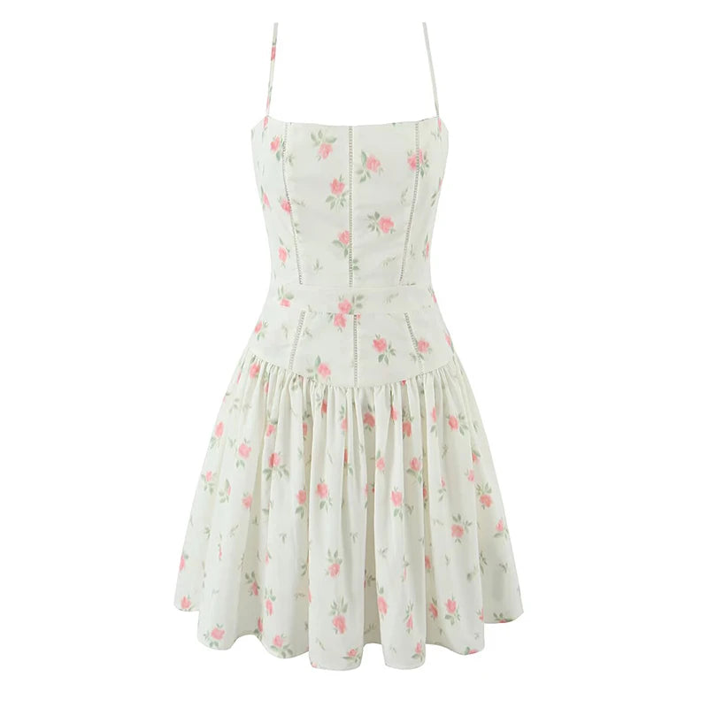 YENKYE Sexy Spaghetti Straps Floral Print Mini Dresses Women Low Waist A-line Summer Vacation Party Robe