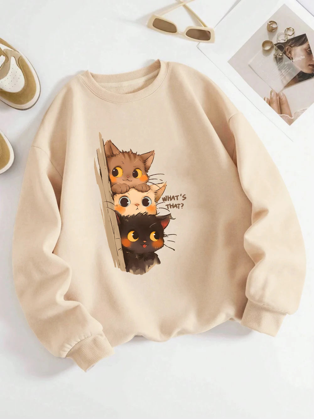 Three Little Cats Are Secretly Watching You Print Hoodie Women Street Loose Sweatshirt Basics Sporty Pullover Winter Clothes