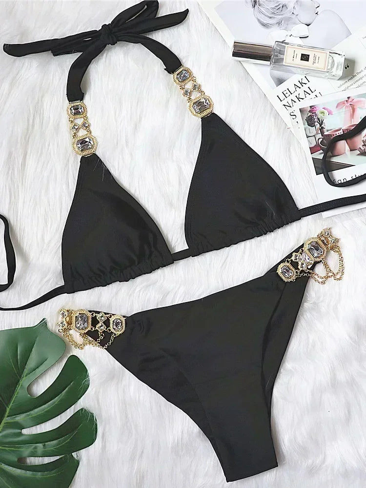 2025 Rhinestone Swimsuit Women Bikinis Crystal Diamond Bikini Set Metal Chain Swimwear female Luxury Aristocratic Swimming Suit