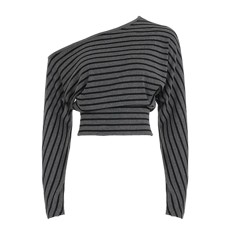Korean Tees Striped Women Tshirts Long Sleeve Loose Camisetas 2025 Ropa Mujer Sexy Y2k Tops Off Shoulder Fashion Summer T-shirt