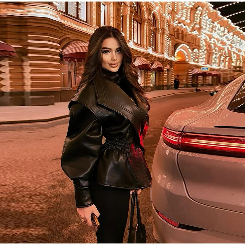 Fashion Brown Slim Waist Leather Jacket Women Loose Lapel Long Sleeve One Button Zipper Jackets 2026 Spring Street Lady Outwear