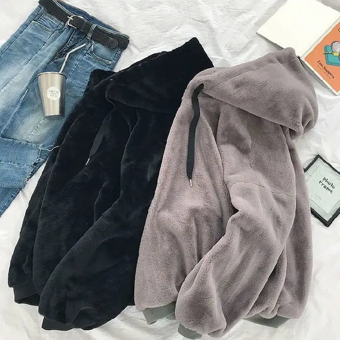 Plus Velvet Hoodies Women Hooded Thicker Furry Cozy Korean Fashion Couples Simple Winter Warm Coats Loose Outwear Slouchy Ins