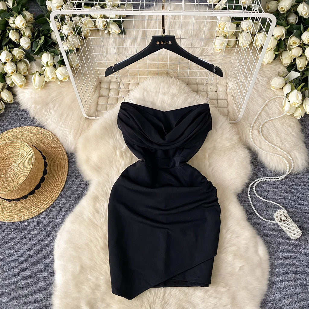 Sexy  Swinging collar Slip Dress pleated sweet Chic Vintage Evening Party Club Women Chic Slim Pencil dresses