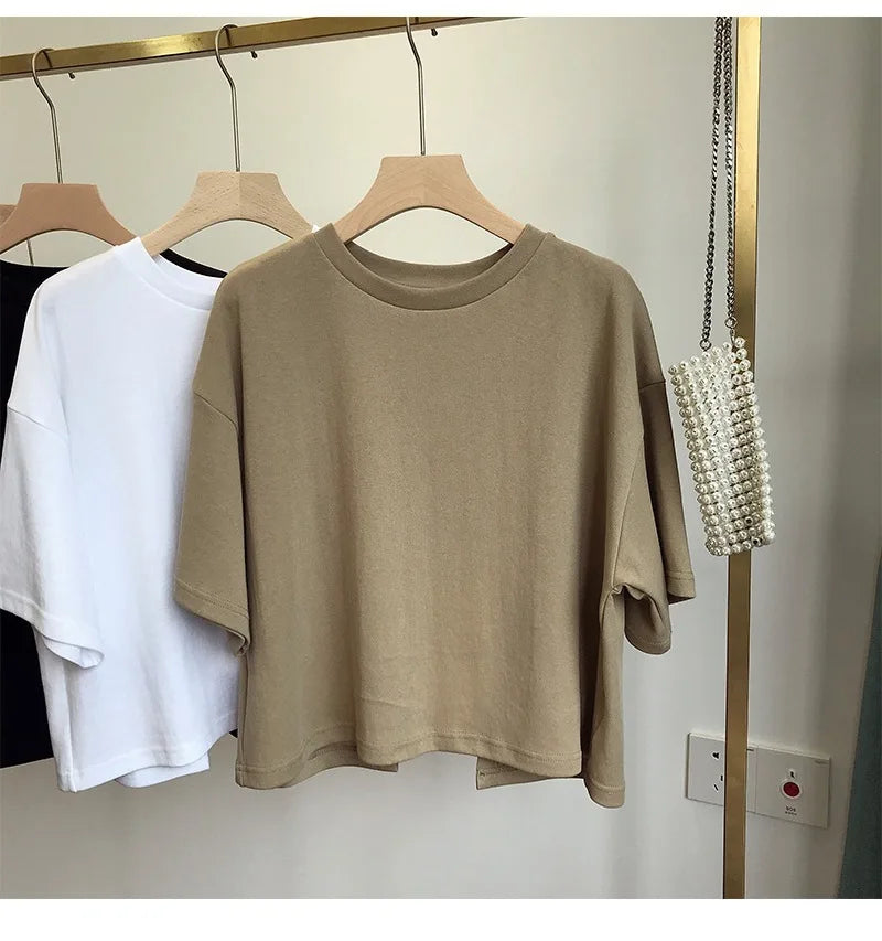 Summer Clothes Korean Sexy Backless Short O-Neck Women Casual Solid Color T-Shirt Short Sleeve Girl Tee Shirt Fashion Tops