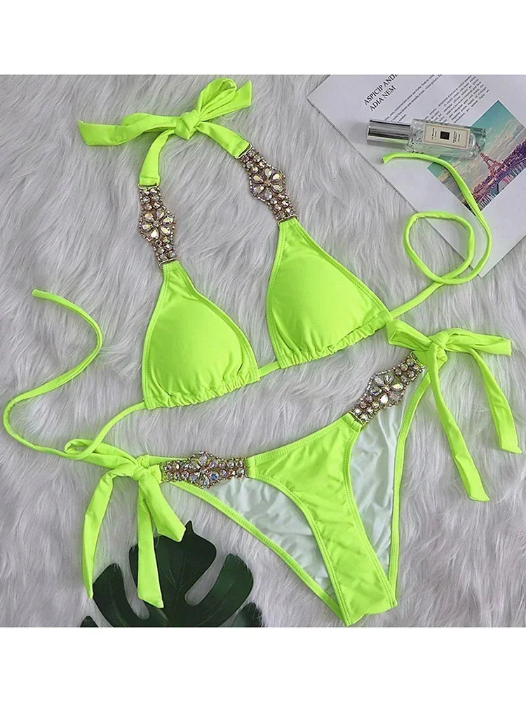 2025 Rhinestone Swimsuit Women Bikinis Crystal Diamond Bikini Set Metal Chain Swimwear female Luxury Aristocratic Swimming Suit