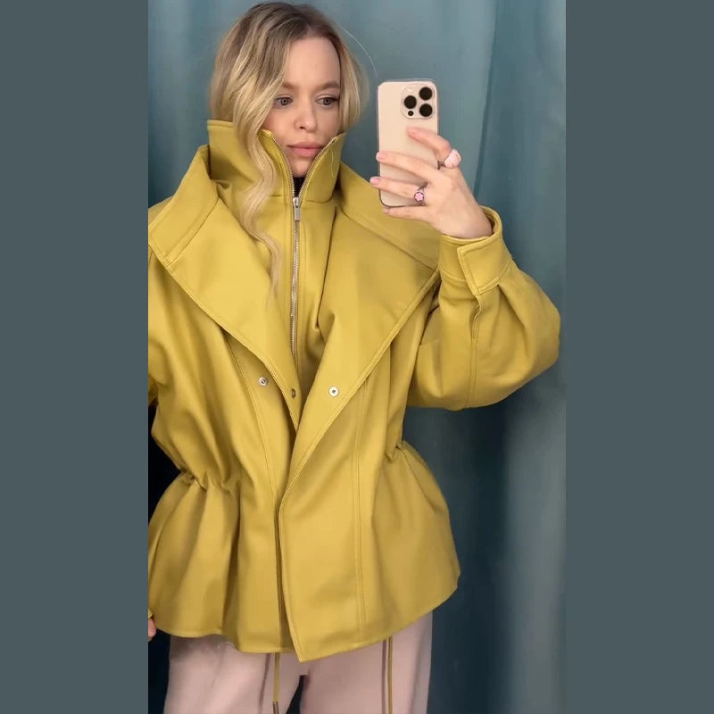 Fashion Brown Slim Waist Leather Jacket Women Loose Lapel Long Sleeve One Button Zipper Jackets 2026 Spring Street Lady Outwear