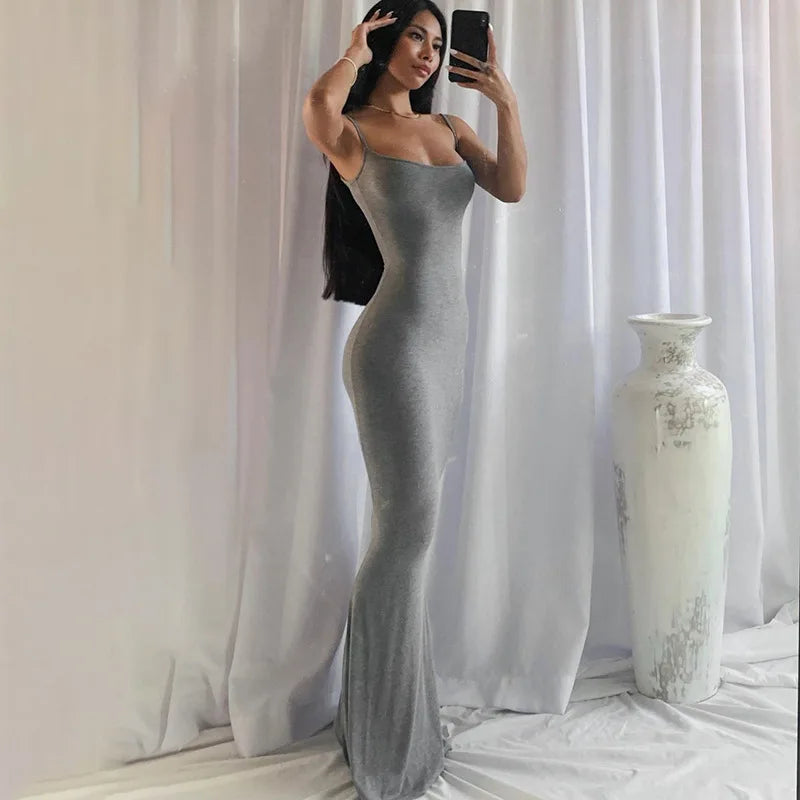 Dresses For Women 2023 Sexy Spaghetti Strap Black Long Dress Evening Y2k Sleeveless Solid Skinny Bodycon Maxi Vestidos