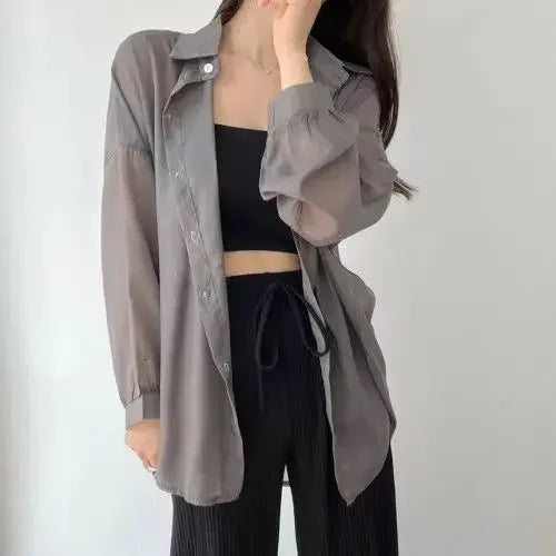 2025 Colors Shirts Women Sheer Thin Chic Summer Simple Solid Sun-proof Temper Fashion Baggy All-match Basic Korean Style Clothes