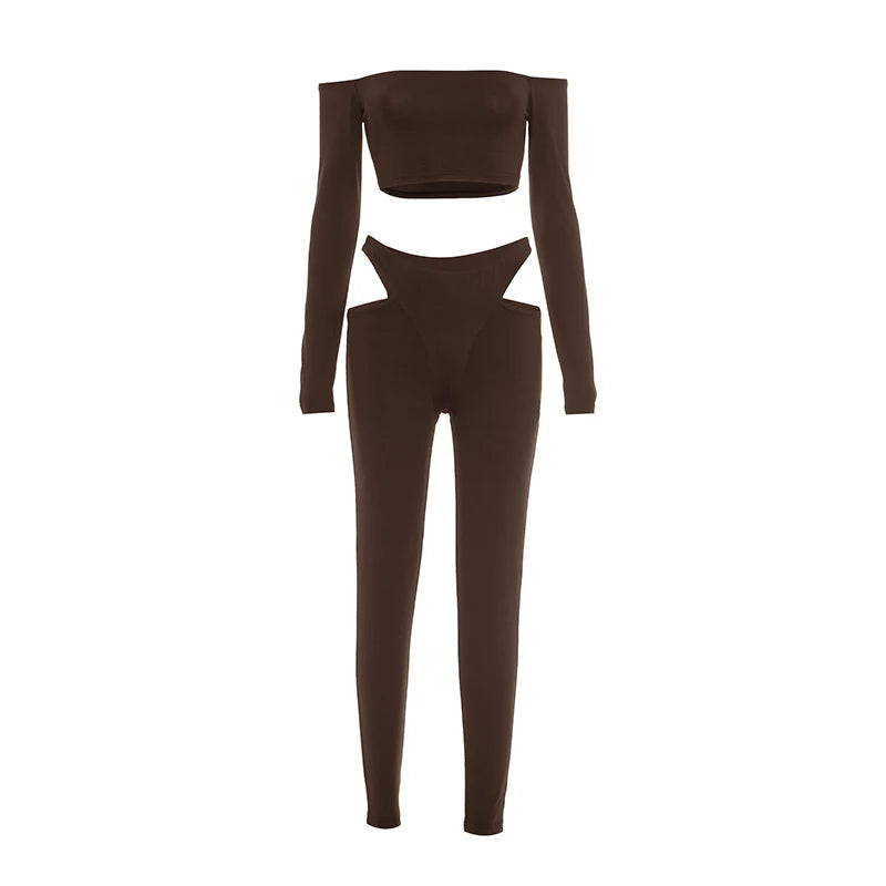 Cutenew Tight Slash Neck 2 Piece Set Women Crop Tops+High-Waist Hollow Leggings Matching Streetwear Casual Sporty Outfits