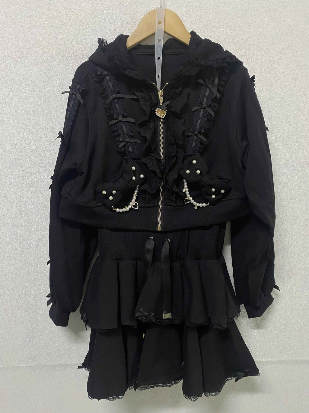 Lovely Pearl Lace Flower Hoody Short Set Coat High Waist Cake Short Mujer Faldas Japan Sweet Heavy Preppy Style Suits New Faldas