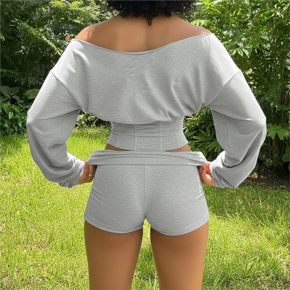 Woman 2 Piece Set Outfit Casual Long Sleeves Top Shorts Sexy Off-shoulder Loose Sports Two Piece Outfits Woman Solid Color Slim