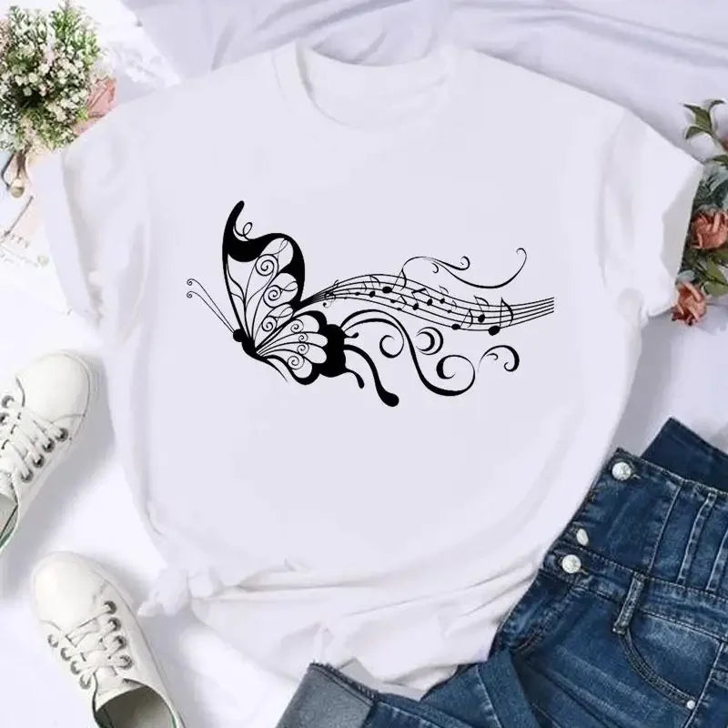 Women's Moon Print Short Sleeve T-Shirt Casual Cartoon Print Retro T-Shirt Graphic T Shirts Women Clothing Summer Streetwear Y2K