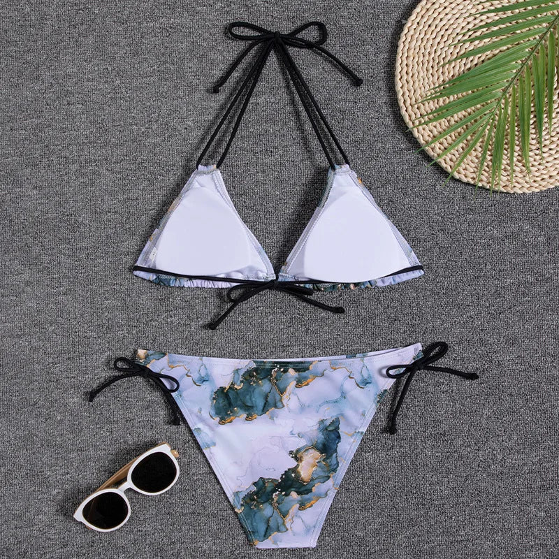 Leaves Print Swimsuit for Women,low Waist Drawstring Bikini,2-piece Swimwear,V-neck Susupender Backless Bathing Suit,beachwear