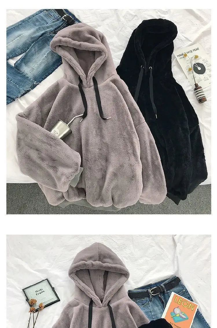 Plus Velvet Hoodies Women Hooded Thicker Furry Cozy Korean Fashion Couples Simple Winter Warm Coats Loose Outwear Slouchy Ins