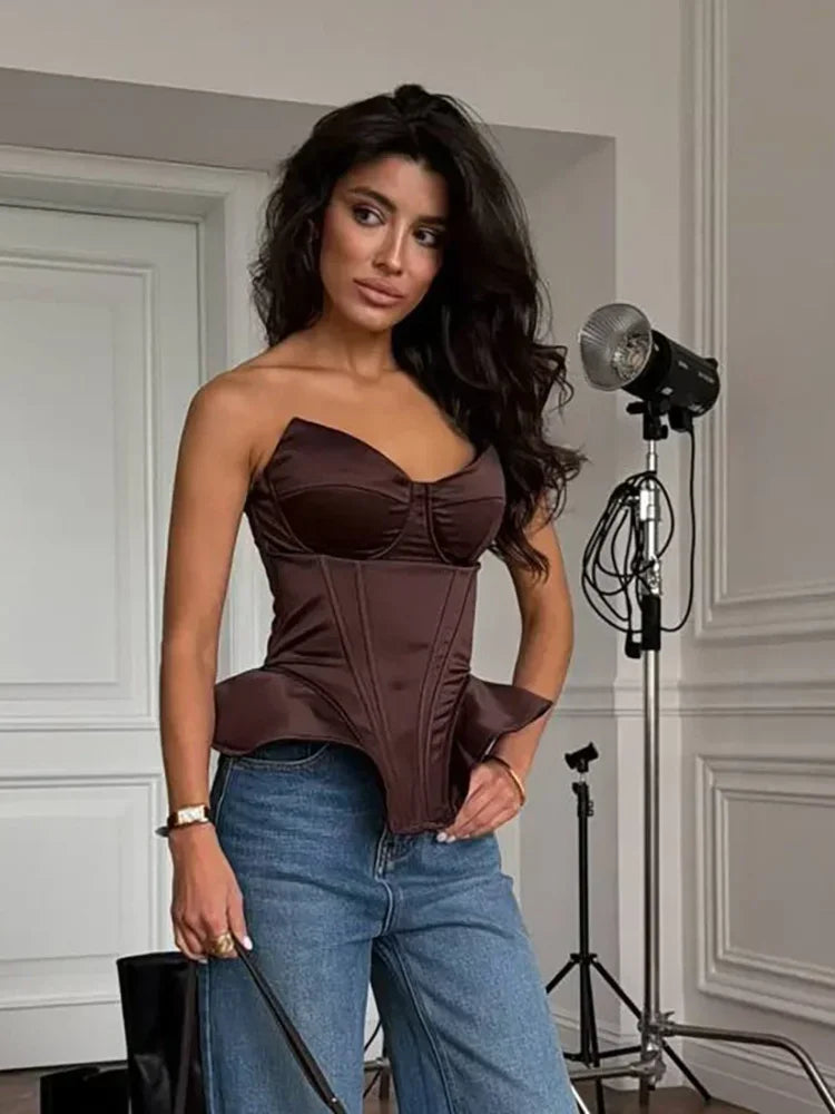 Sexy Fishbone Strapless Short Top Women Chic Sleeveless Off-shoulder Backless Waist Cinching Tops 2026 Lady Evening Party Blouse