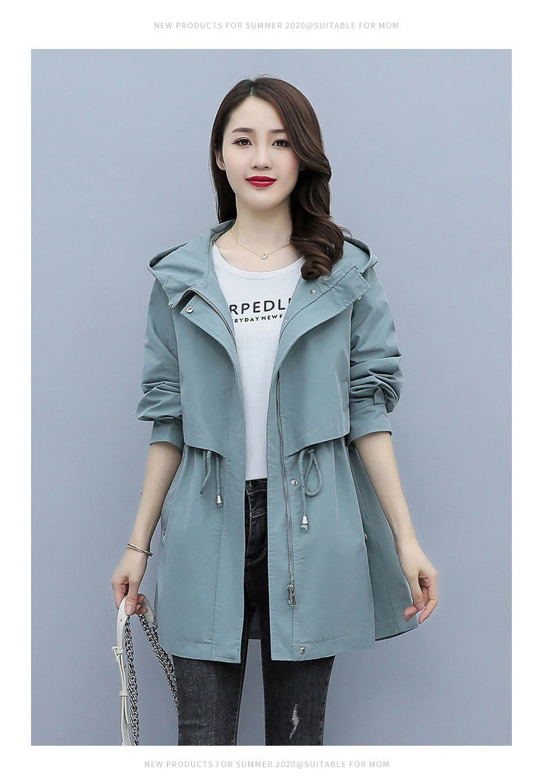 Spring and Autumn 2023 Women's Mid-length Trench Coat Hooded Zipper Tie-in Jackets British Style Loose Coats Women's Clothing