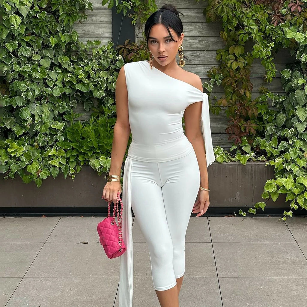 Hugcitar Fashion 2 Pcs Sets Solid One Shoulder Sleeveless Draped Sexy Top Knee Length Pants Women Y2K Outfits Festival Party