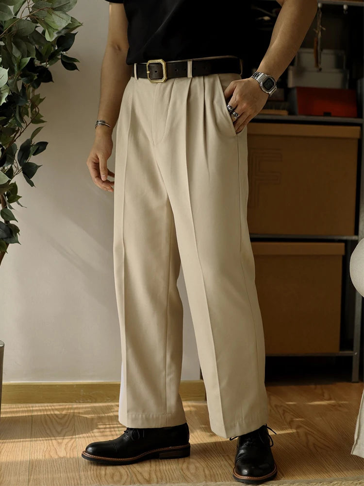 2025 Spring Trendy Mens Trousers Solid Color Pleated Loose Straight Pants Men Leisure Breathable Suit Trousers Men's Clothing