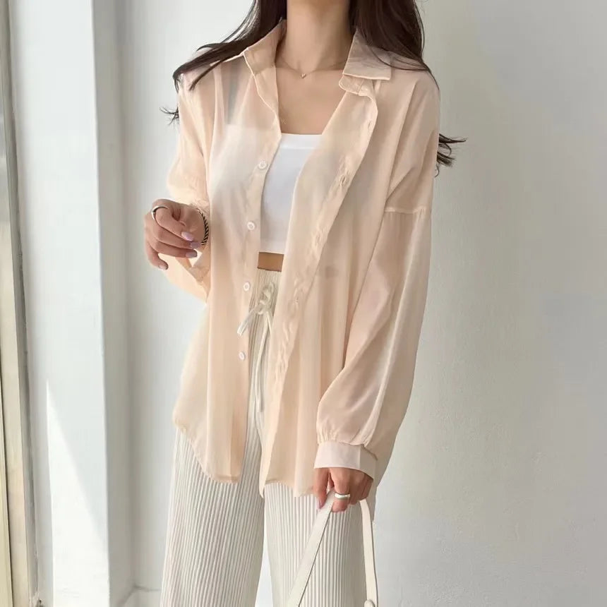 2025 Colors Shirts Women Sheer Thin Chic Summer Simple Solid Sun-proof Temper Fashion Baggy All-match Basic Korean Style Clothes