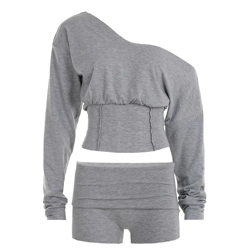 Woman 2 Piece Set Outfit Casual Long Sleeves Top Shorts Sexy Off-shoulder Loose Sports Two Piece Outfits Woman Solid Color Slim