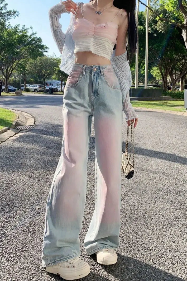 Powder Blusher Gradual Wash Wide Leg Soft Jeans Women's Thin High Waist Loose Slim Large Straight Floor Pants