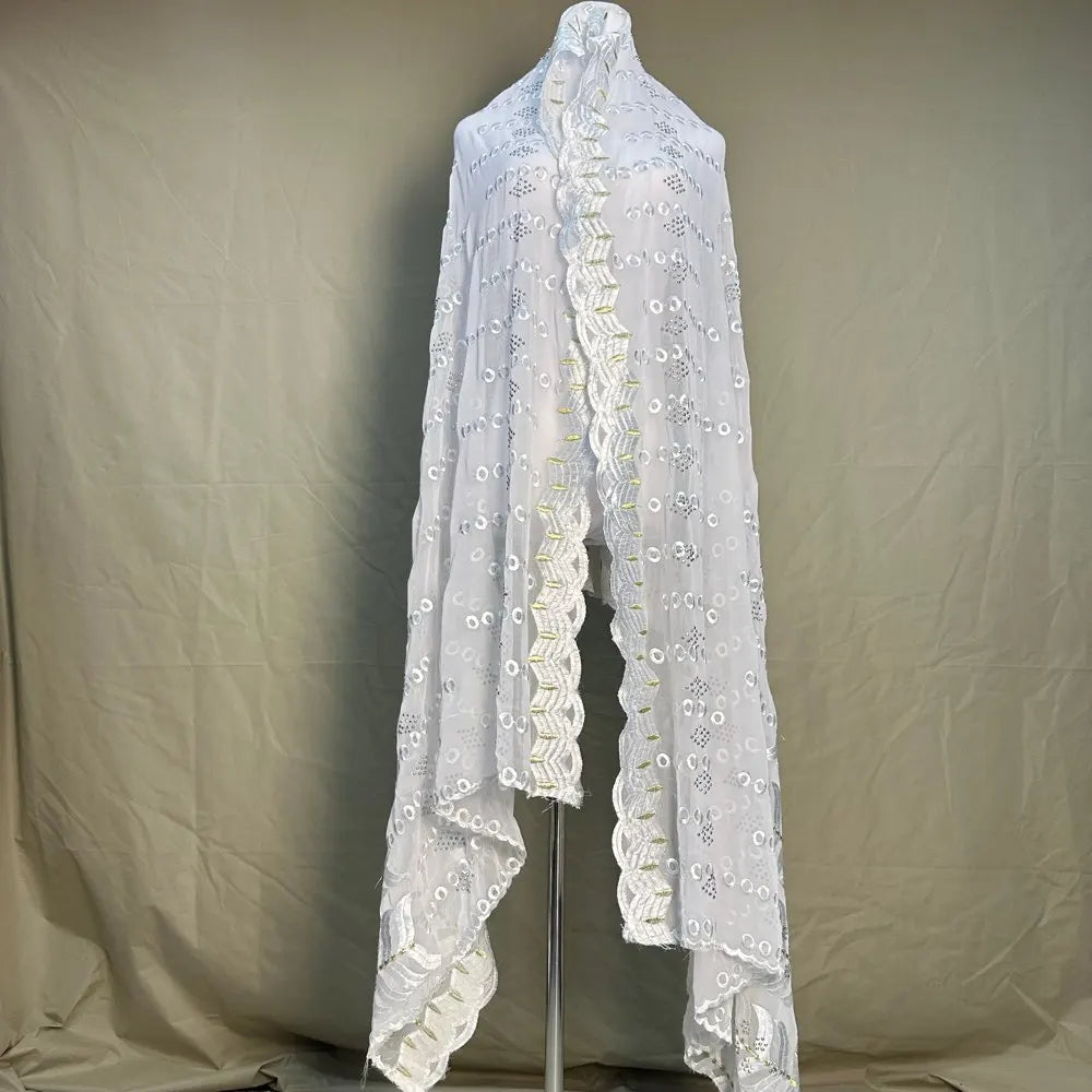 All white blanc Dubai African Muslim Shawl Wrap Cording Embroidery Scarf Sales Muslim Scarf 100% Cotton Big Scarf AfricanWomen