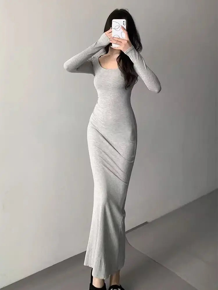 Slimming Square Neck Long Sleeve Fish Tail Gown Women's Early Spring New Style Elegance Knee-Length Bodycon Dress