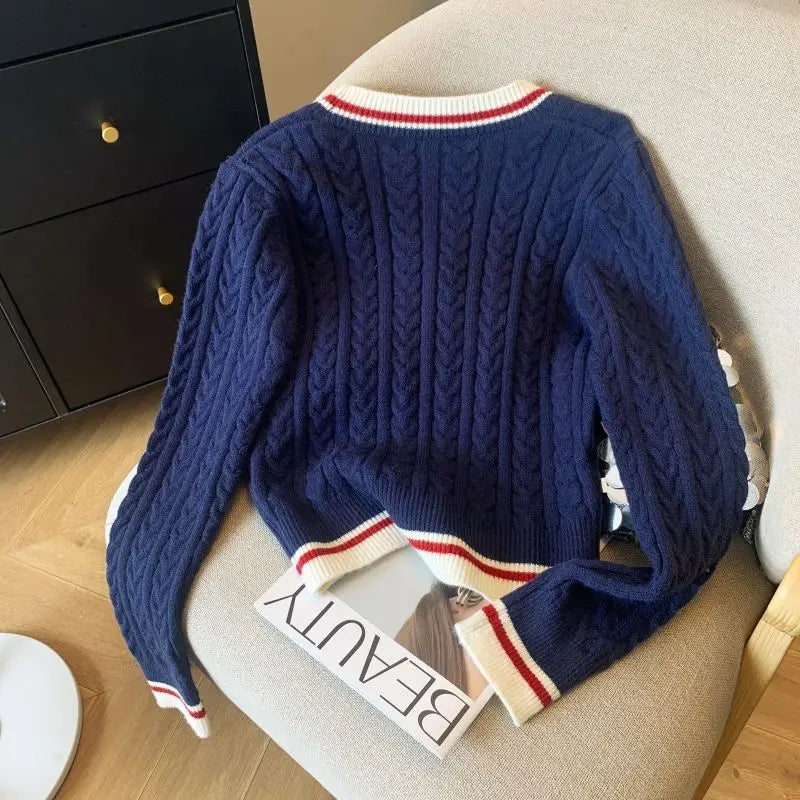 2025 Autumn Winter Preppy Style V-Neck Knitting Long Sleeve Cardigan Women Casual Appliques Single Breasted Female Loose Sweater