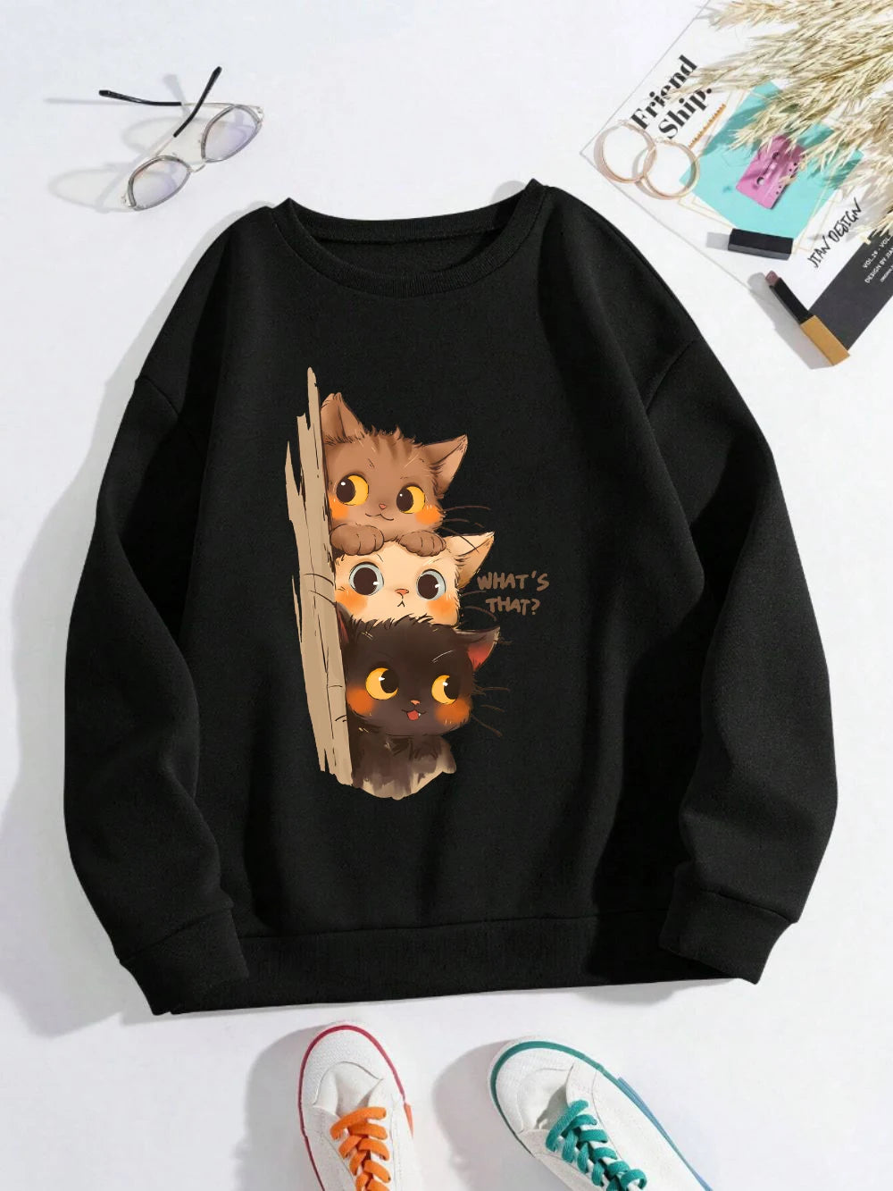 Three Little Cats Are Secretly Watching You Print Hoodie Women Street Loose Sweatshirt Basics Sporty Pullover Winter Clothes