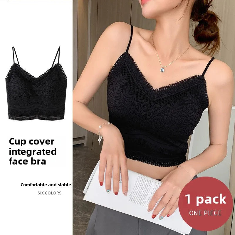 The New Women's Lace Vest with Seamless Small Halter Wrap Chest Seamless Underwear One Cup Anti-slip Bra Y2k Top Tank Top Halter