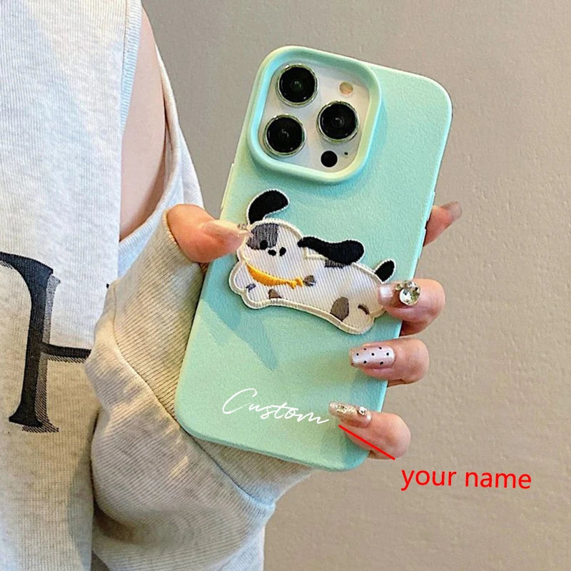 3D Cartoon Embroidery Dog Personalized Custom Name Phone Case For iPhone 16 15 14 13 11 12 Pro Max Plus X XS XR Candy DIY Cover