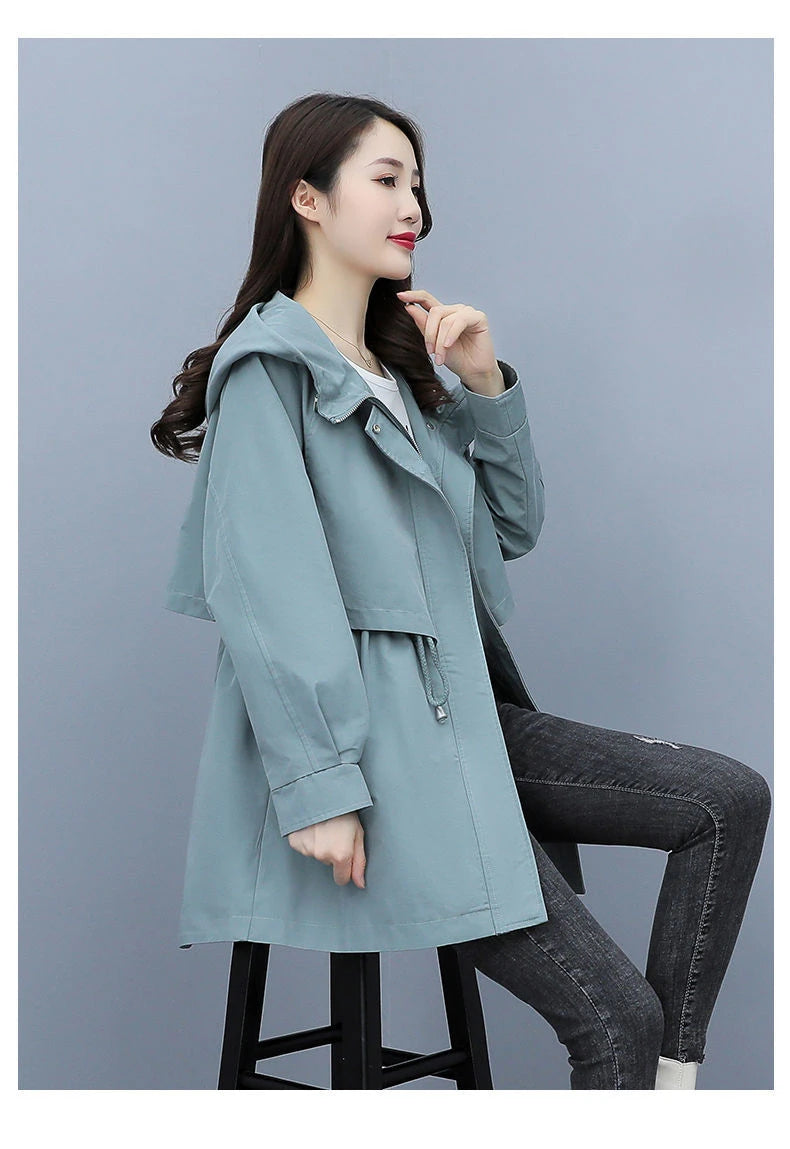 Spring and Autumn 2023 Women's Mid-length Trench Coat Hooded Zipper Tie-in Jackets British Style Loose Coats Women's Clothing