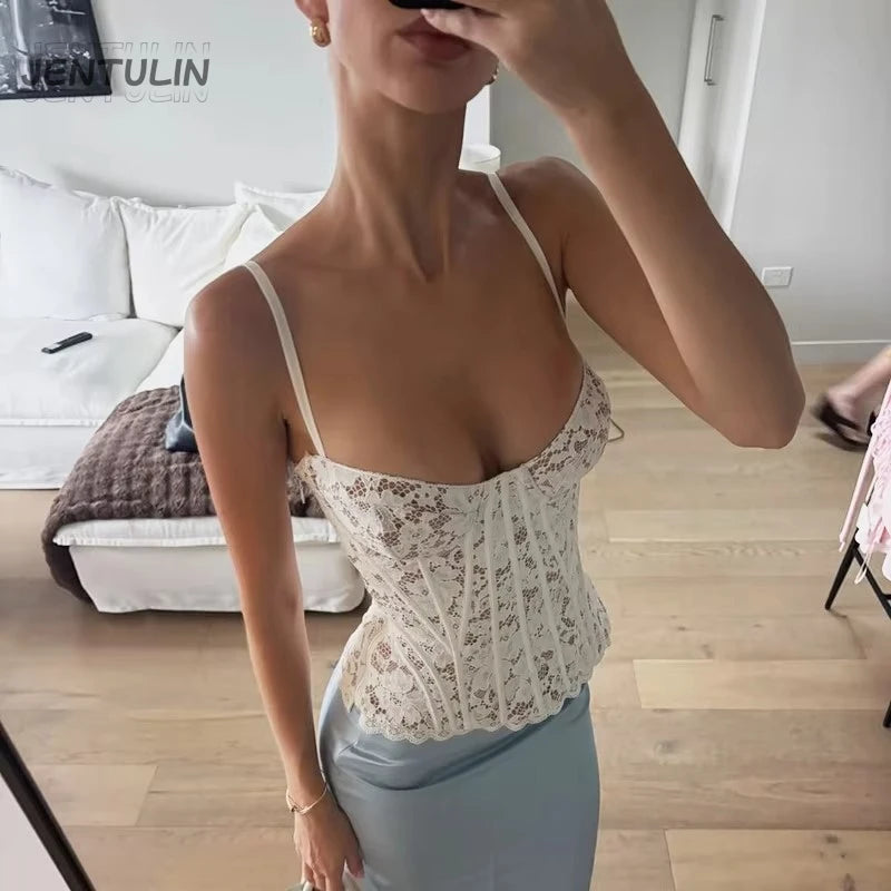 Sexy Slim Perspective Lace Corset Vest Women's Y2K New Slim Sleeveless Tanks Fishbone Waist Lace Up Summer Sexy Sleeveless Camis