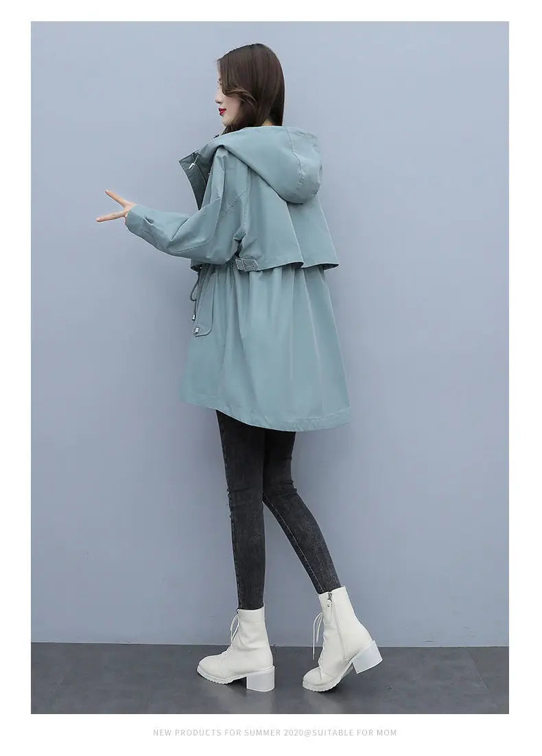 Spring and Autumn 2023 Women's Mid-length Trench Coat Hooded Zipper Tie-in Jackets British Style Loose Coats Women's Clothing