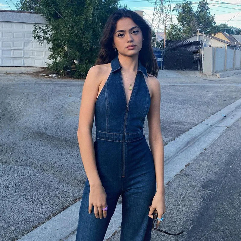Hugcitar Denim Jumpsuit V Neck Zipper Bell Sleeveless Sexy Outifts Elegant Backpacker  Party Summer 2023