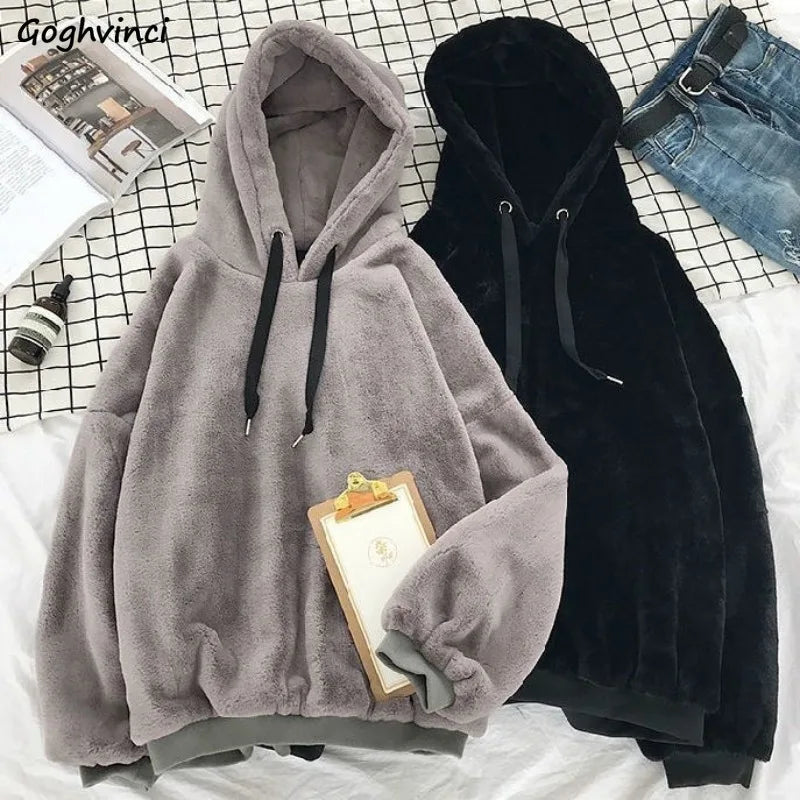 Plus Velvet Hoodies Women Hooded Thicker Furry Cozy Korean Fashion Couples Simple Winter Warm Coats Loose Outwear Slouchy Ins