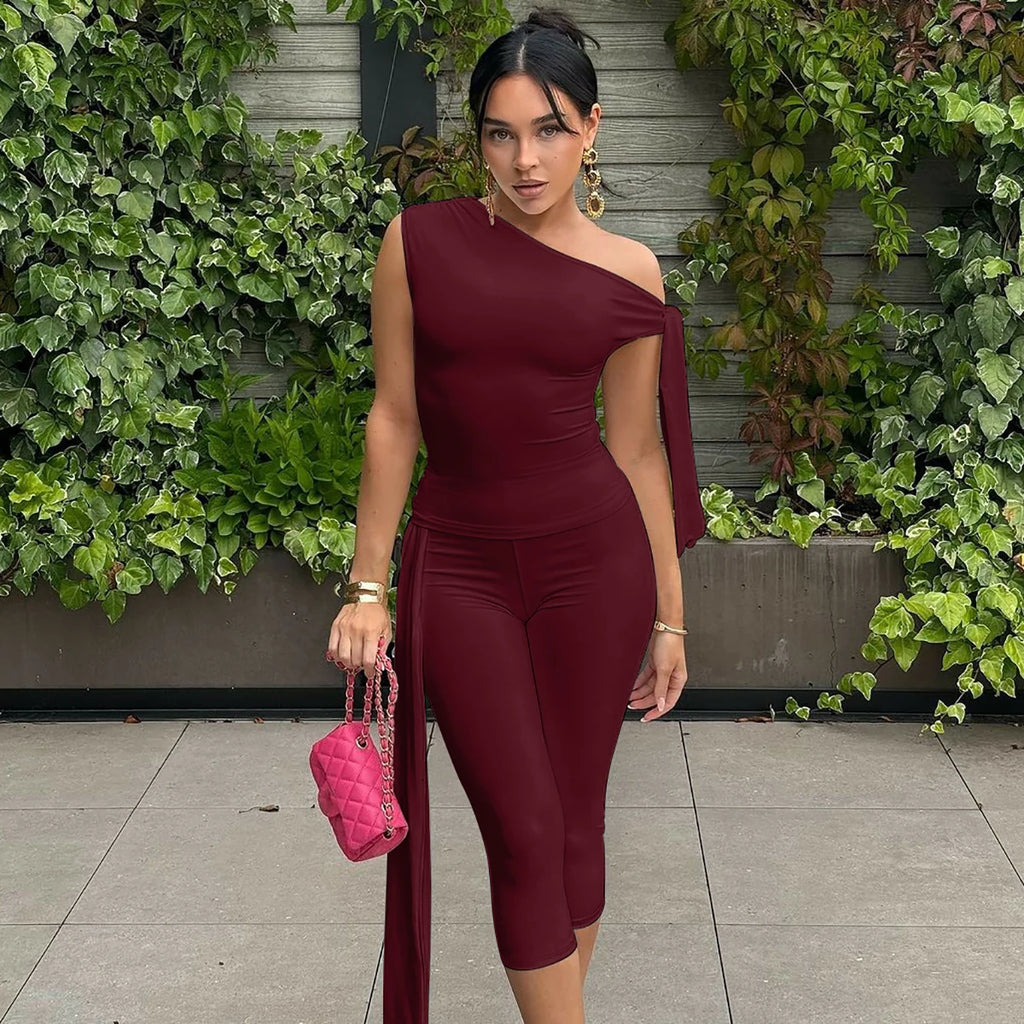 Hugcitar Fashion 2 Pcs Sets Solid One Shoulder Sleeveless Draped Sexy Top Knee Length Pants Women Y2K Outfits Festival Party