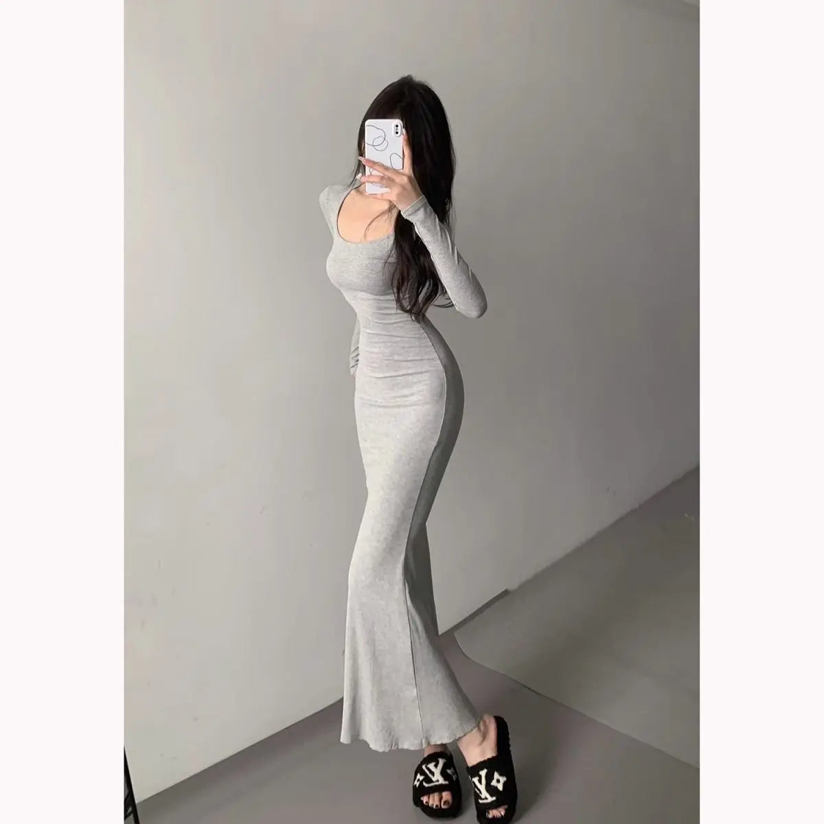 Slimming Square Neck Long Sleeve Fish Tail Gown Women's Early Spring New Style Elegance Knee-Length Bodycon Dress
