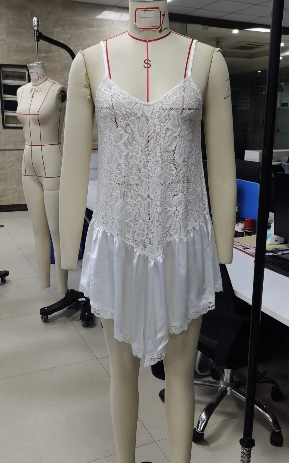 Combhasaki Women's Summer Floral Lace Sheer See-through Camis Satin Silky Irregular Ruffled Hem Patchwork Shirt Dress Cover-ups