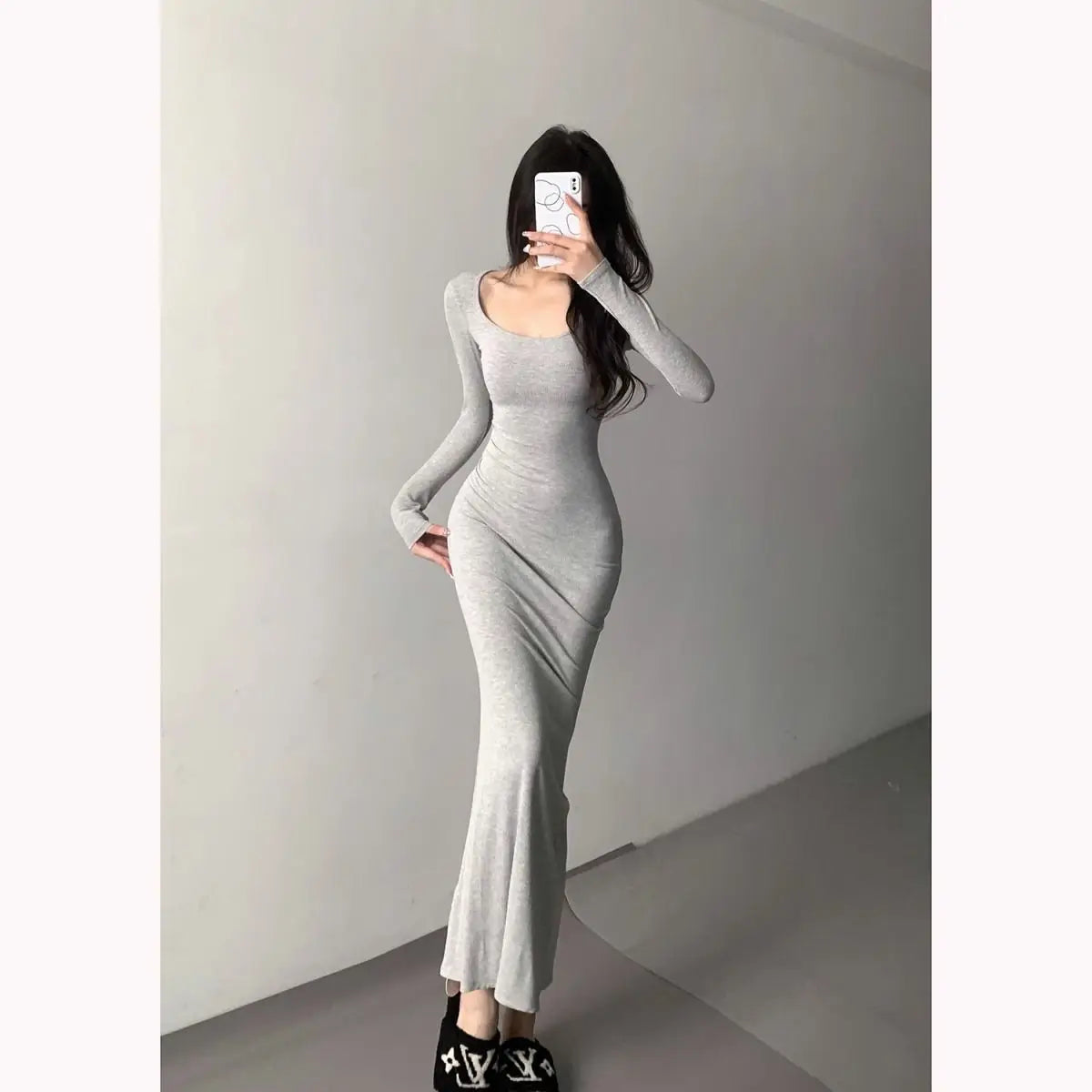 Slimming Square Neck Long Sleeve Fish Tail Gown Women's Early Spring New Style Elegance Knee-Length Bodycon Dress