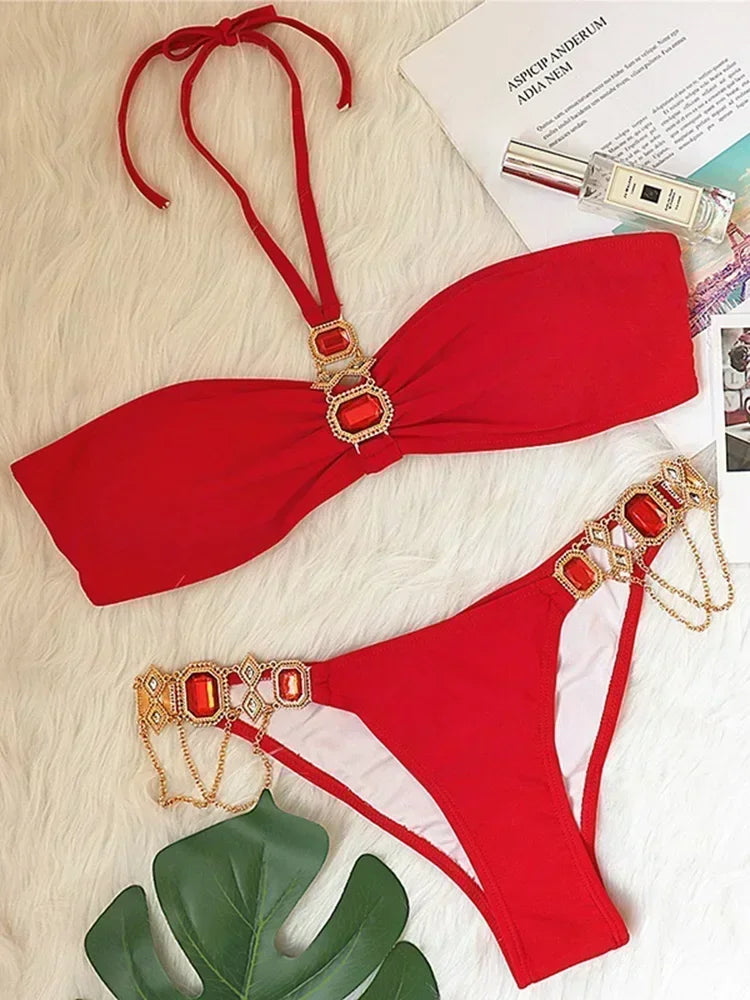 2025 Rhinestone Swimsuit Women Bikinis Crystal Diamond Bikini Set Metal Chain Swimwear female Luxury Aristocratic Swimming Suit