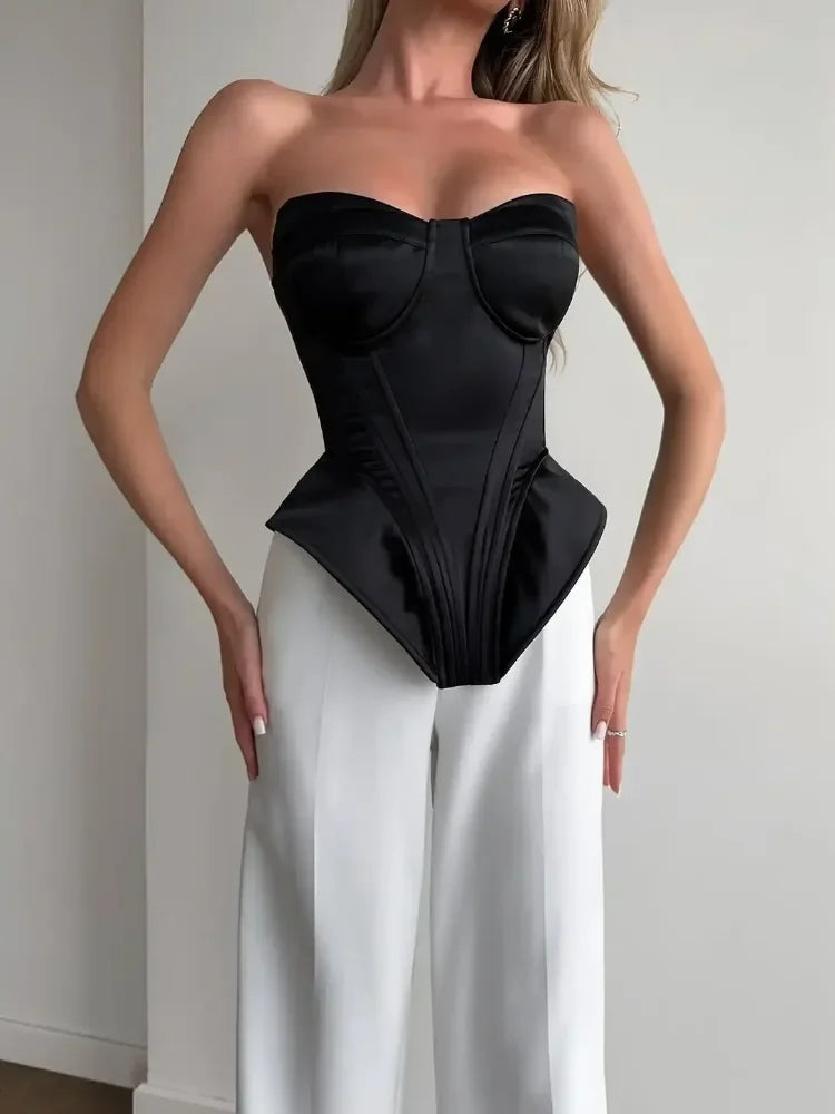 Sexy Fishbone Strapless Short Top Women Chic Sleeveless Off-shoulder Backless Waist Cinching Tops 2026 Lady Evening Party Blouse