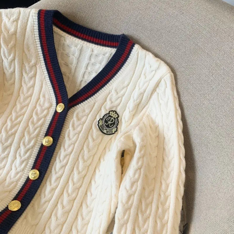 2025 Autumn Winter Preppy Style V-Neck Knitting Long Sleeve Cardigan Women Casual Appliques Single Breasted Female Loose Sweater